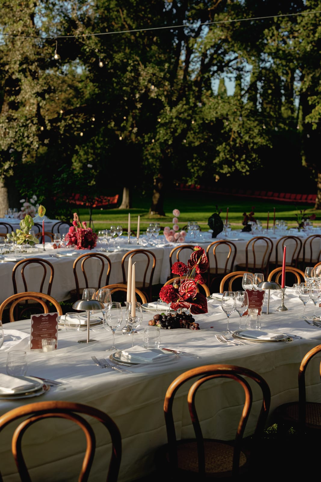 Outdoor tables with white tablecloths, elegant glassware, and red floral centerpieces are set up for an event. Wooden chairs surround the tables, and trees are visible in the background.